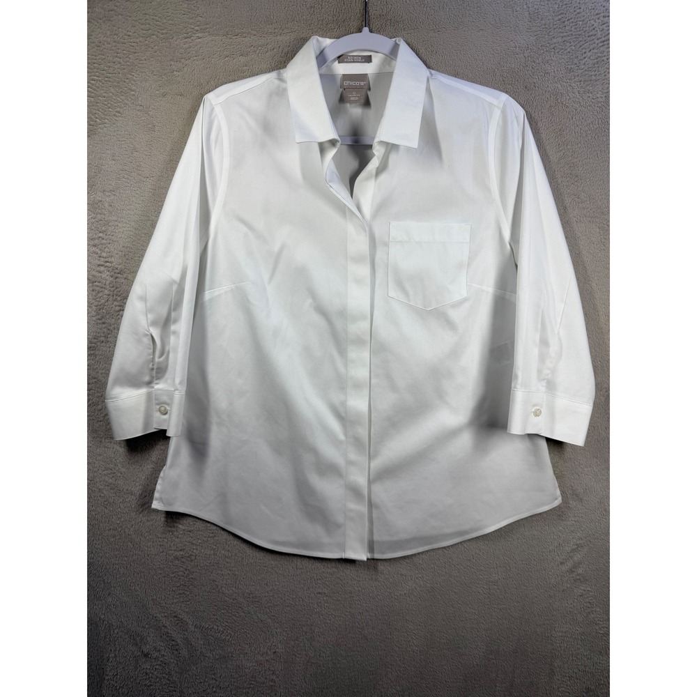 Chico's Button Down Shirt Women's S White No Iron Stain Shield 3/4 Sleeve Blouse